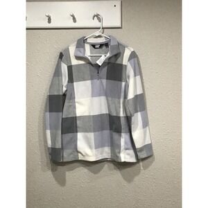NWT Lands End Anyweather Fleece Quarter Zip Pullover Womens L Gray Buffalo Plaid
